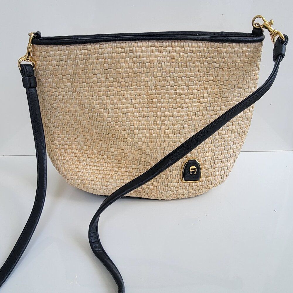 Etienne Aigner woven and black leather shoulder crossbody bag
